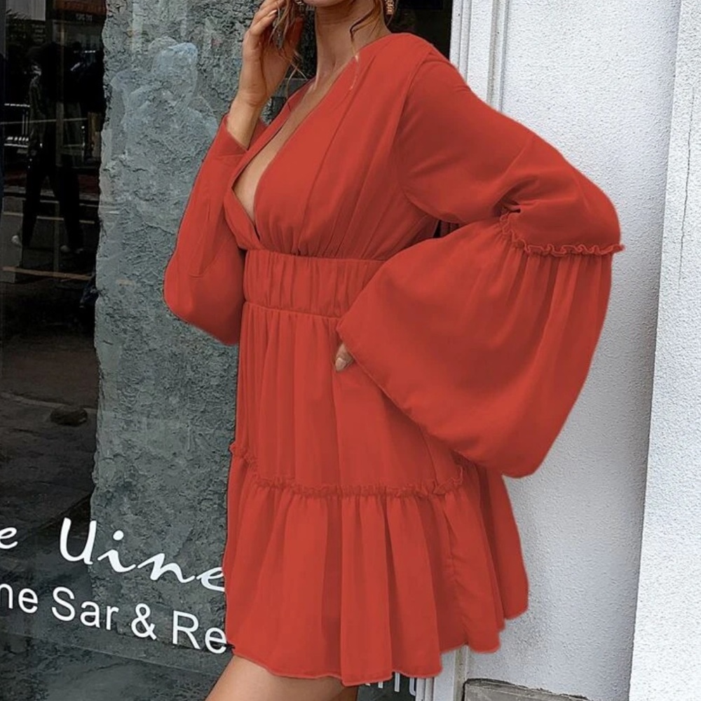 Boho plunging neckline ruffle hem dress - Picture 10 of 14